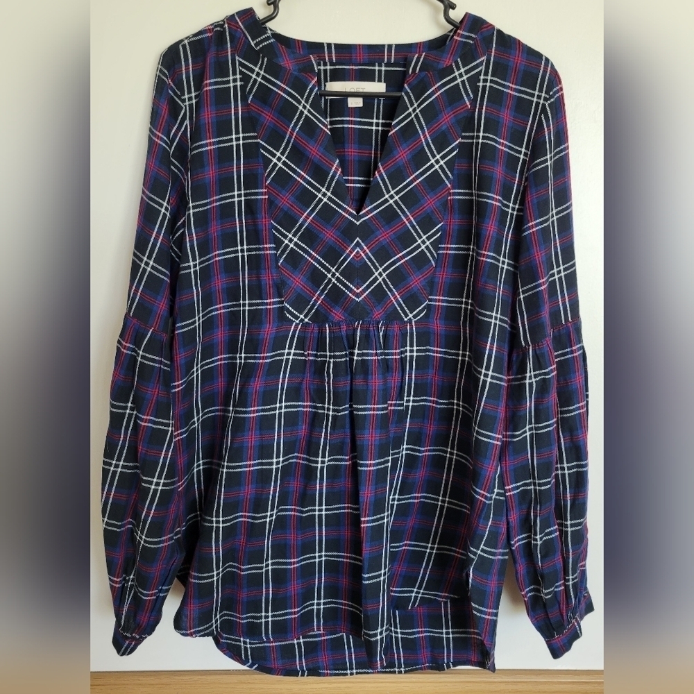 Loft Women's V-neck Plaid Long Sleeve Babydoll Tunic Size Small